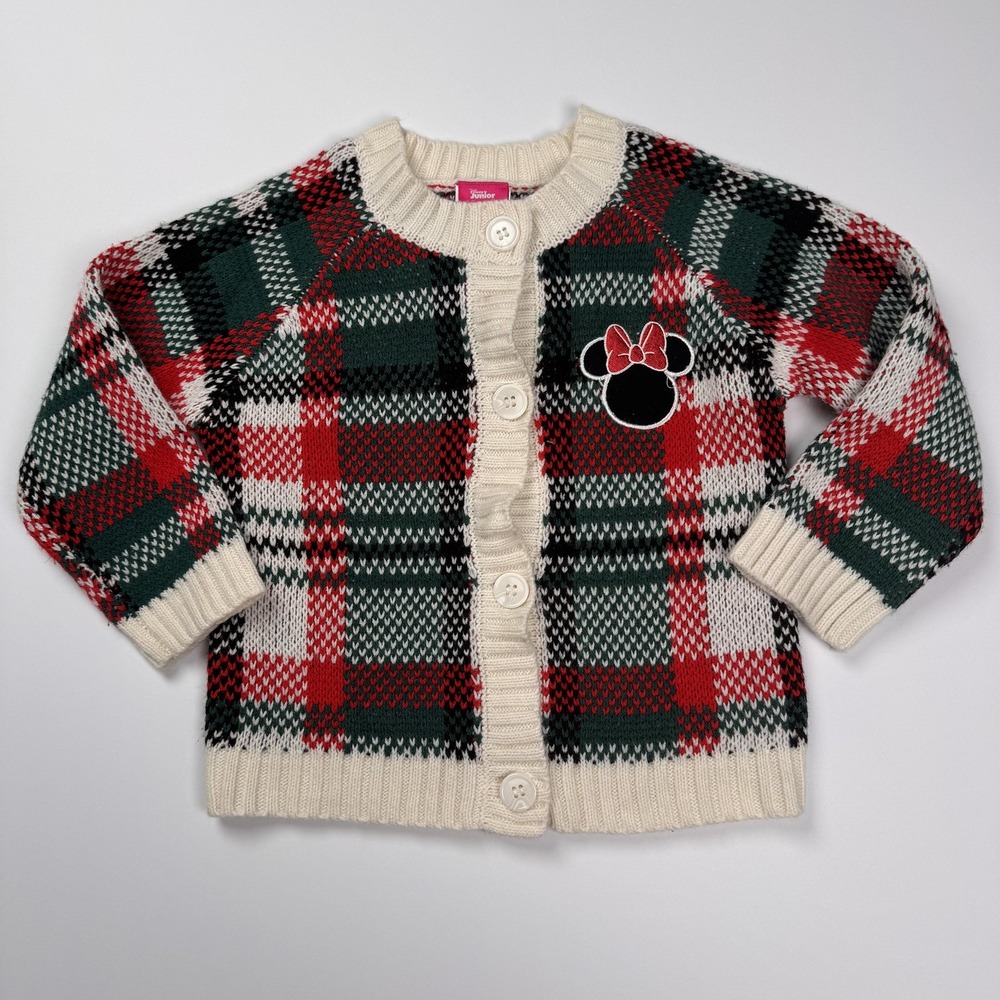 Disney Junior Minnie Sweater Toddler Girls 2T Red Green Plaid Knit Cardigan